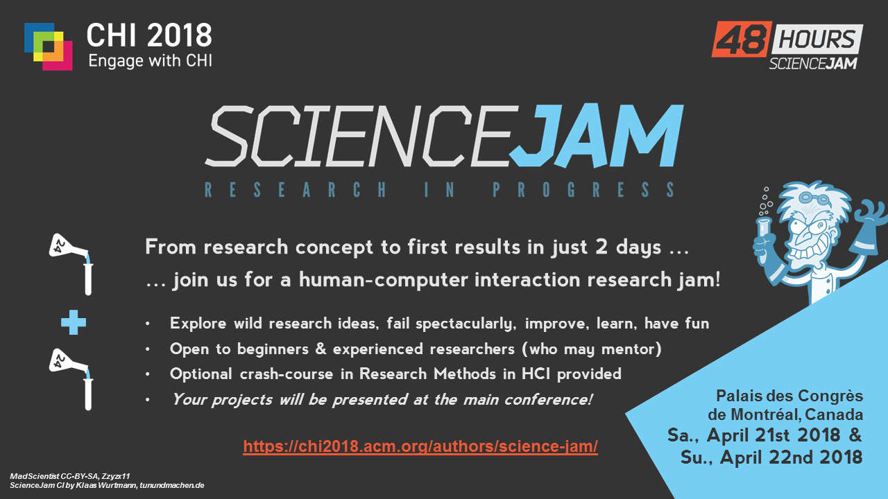 Flyer for the Science Jam at CHI 2018.