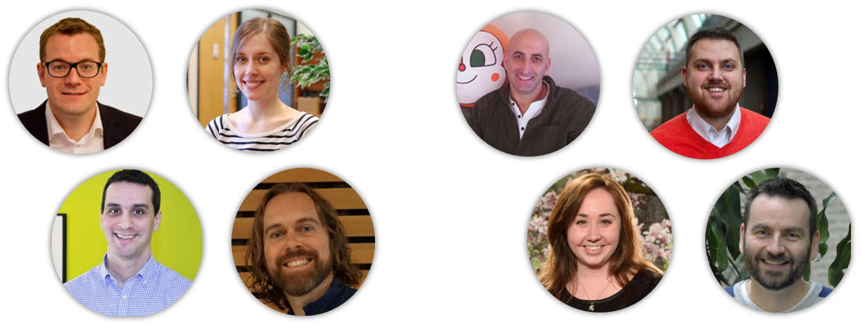 The mentor team at the Science Jam at CHI 2018 (left to right and top to bottom): Kasper Hornbaek (University of Copenhagen), Kathrin Gerling (Uni Leuven), Scott Bateman (Univ. New Brunswick), Carman Neustaedter (Simon Fraser), Ehud Sharlin (U of Calgary), James Wallace (U of Waterloo), Carie Cunningham (DRIVE Lab / Nuance), and David Flatla (University of Guelph).